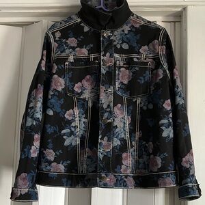Reversible, jean jacket, one side, floral, and the other side black